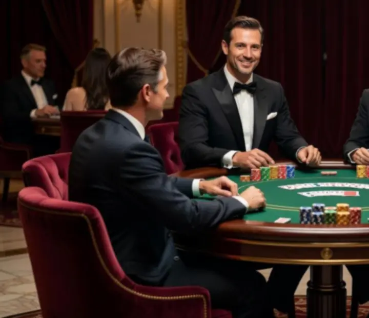 Profesjonalni gospodarze kasynowi prowadzą eleganckie stoły pokerowe podczas prywatnej imprezy.