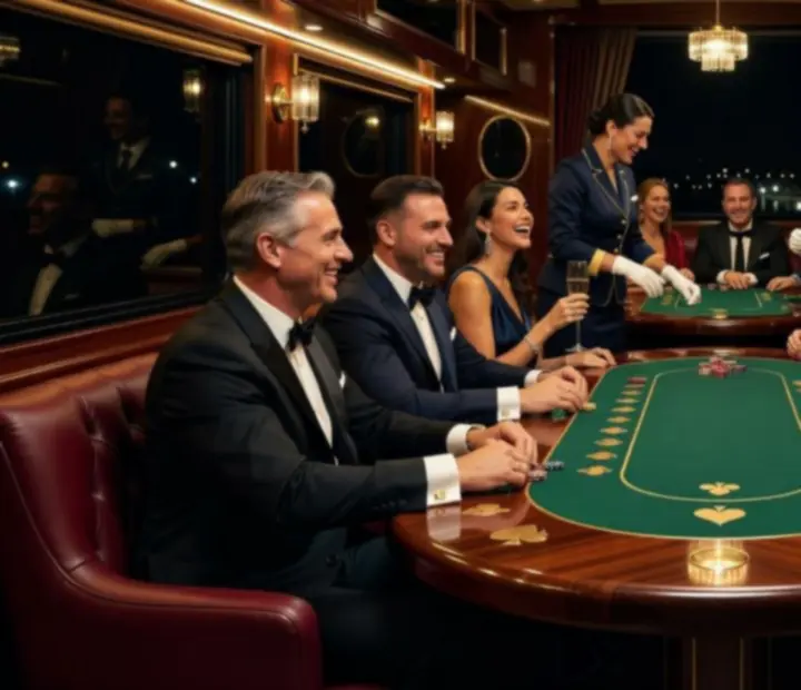 Guests enjoying an elegant live gaming event with mobile casino tables and attentive hosts in Poland.