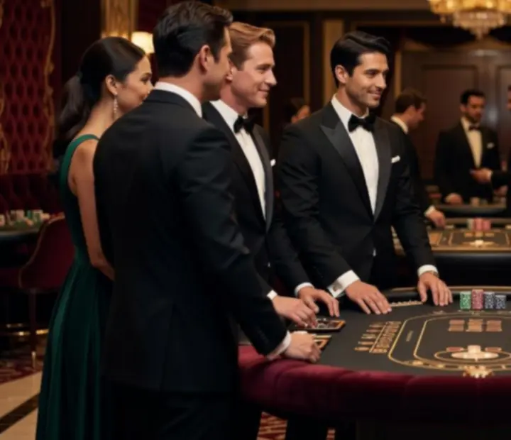 Warm, professional event staff welcoming guests at a luxury gaming night