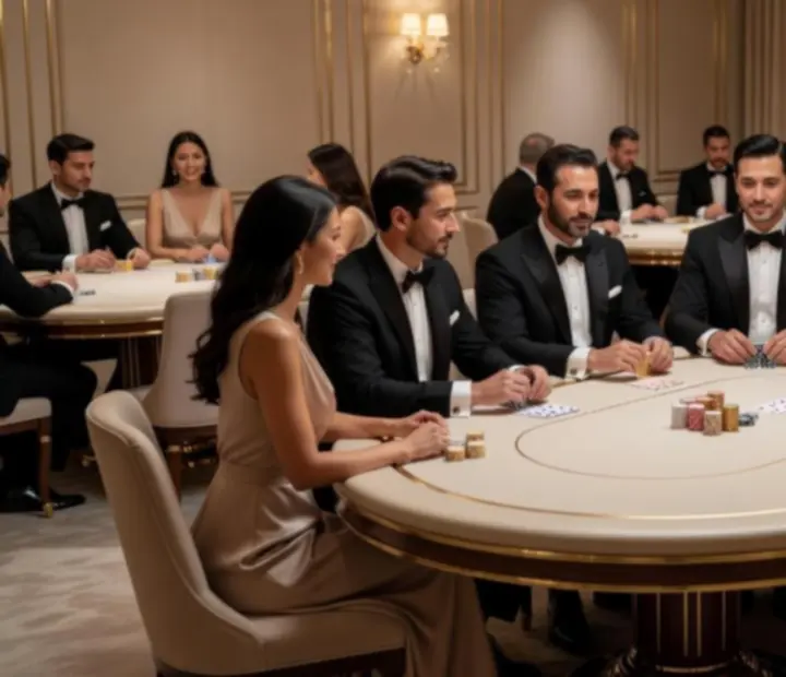 Ekskluzywny wieczór pokerowy z eleganckim mobilnym stołem i nastrojowym oświetleniem.