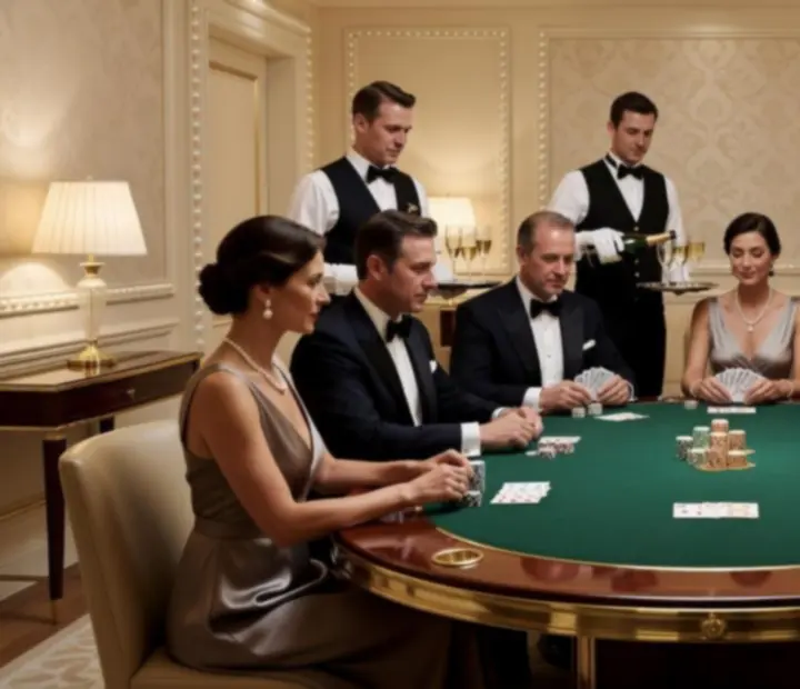 Elegancki wieczór pokerowy przy luksusowym mobilnym stole w nastrojowym oświetleniu.