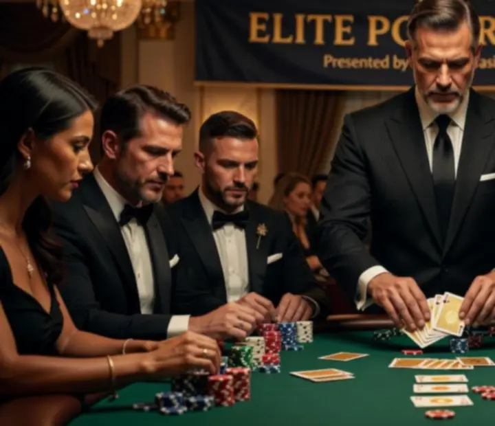 Dynamiczna scena turnieju pokerowego podczas eleganckiego wydarzenia.