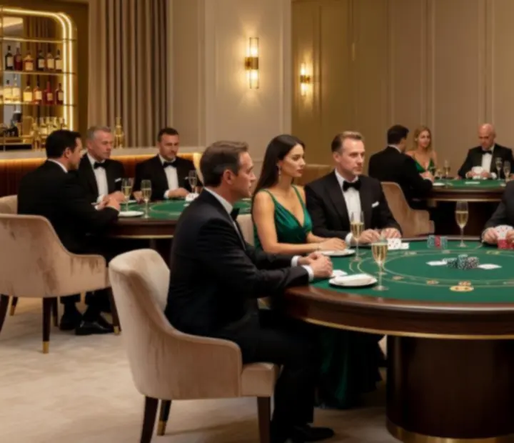 Elegantly dressed guests enjoying a private poker night in a grand dining room with custom‑branded tables.