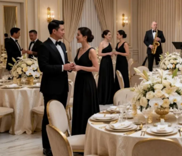 Black‑tie gala with live jazz band, lush floral arrangements, and atmospheric lighting around gaming lounges.
